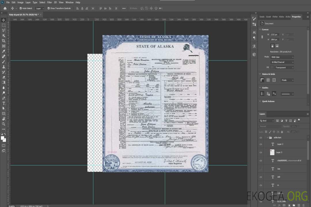 Modèle de certificat de décès de l'État de l'Alaska aux États-Unis au format PSD template